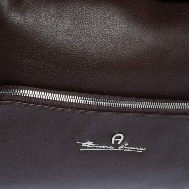 Pre Owned Aigner Dark Brown Leather Drawstring Front Pocket Top Handle Bag