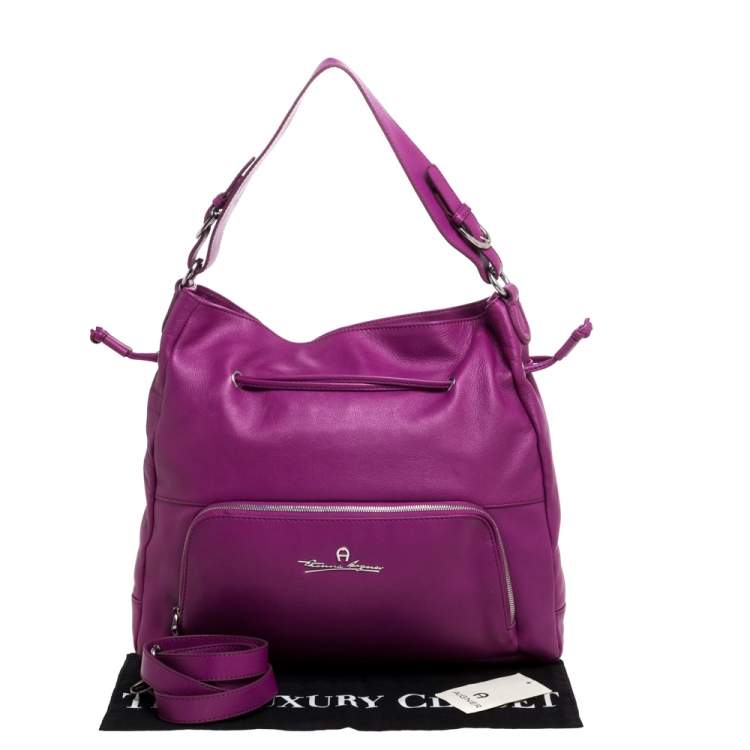 Pre Owned Aigner Purple Leather Drawstring Top Handle Bag