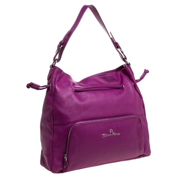 Pre Owned Aigner Purple Leather Drawstring Top Handle Bag