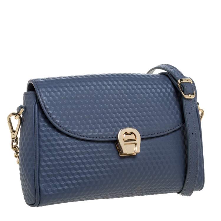 Pre Owned Aigner Blue Embossed Leather Genoveva Crossbody Bag