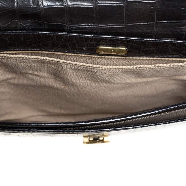 Pre Owned Aigner Black Croc Embossed Leather Logo Buckle Flap Top Handle Bag