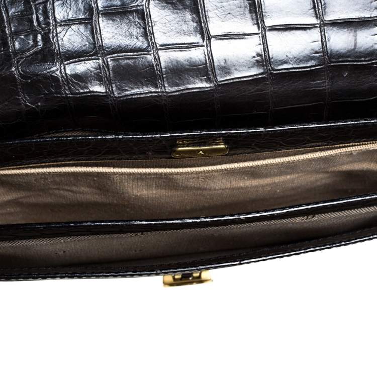Pre Owned Aigner Black Croc Embossed Leather Logo Buckle Flap Top Handle Bag