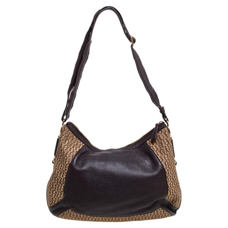 Pre Owned Aigner Brown/Beige Signature Canvas and Leather Hobo