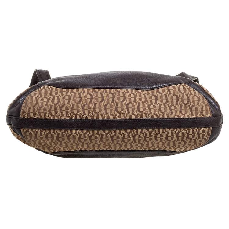Pre Owned Aigner Brown/Beige Signature Canvas and Leather Hobo