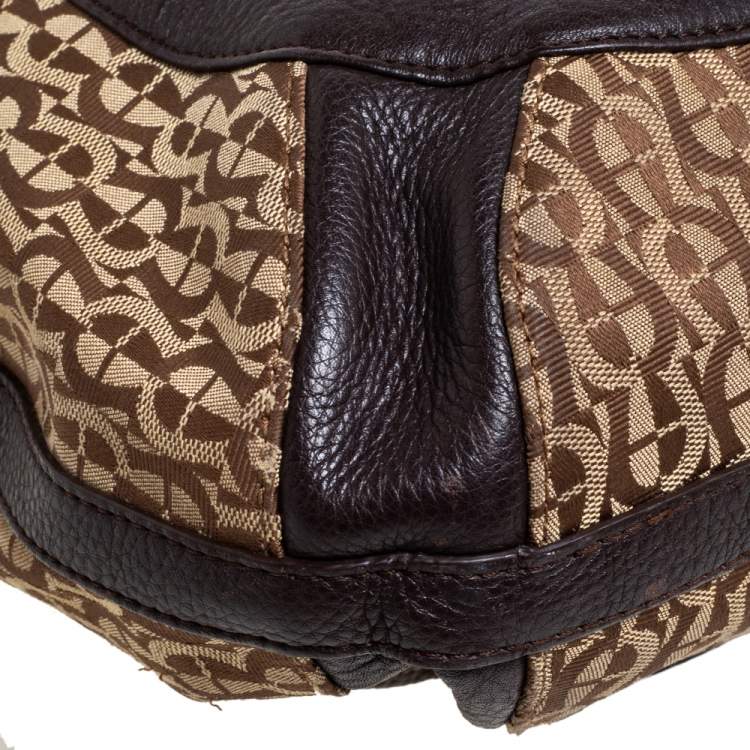 Pre Owned Aigner Brown/Beige Signature Canvas and Leather Hobo