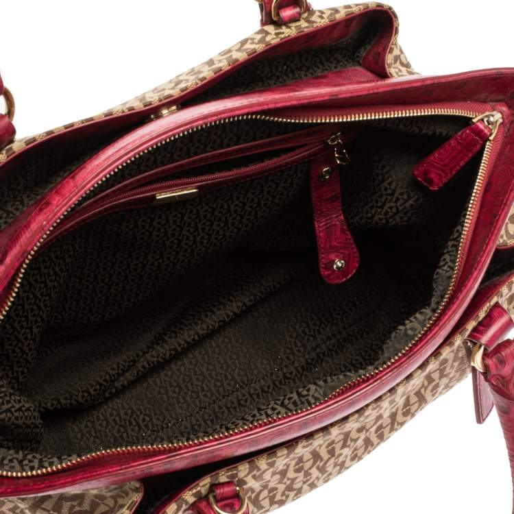 Pre Owned Aigner Pink/Beige Signature Canvas and Leather Zip Satchel