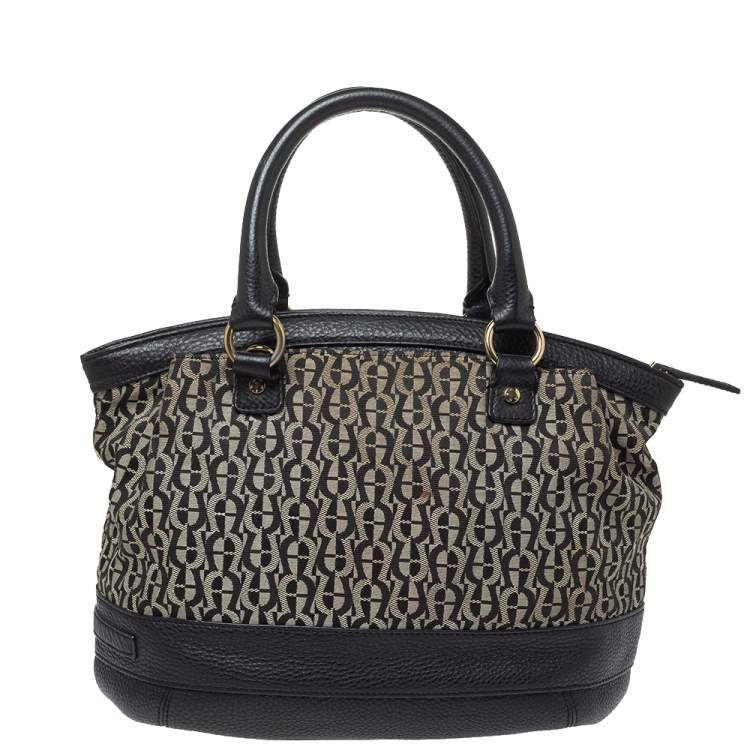 Pre Owned Aigner Black Signature Canvas and Leather Satchel