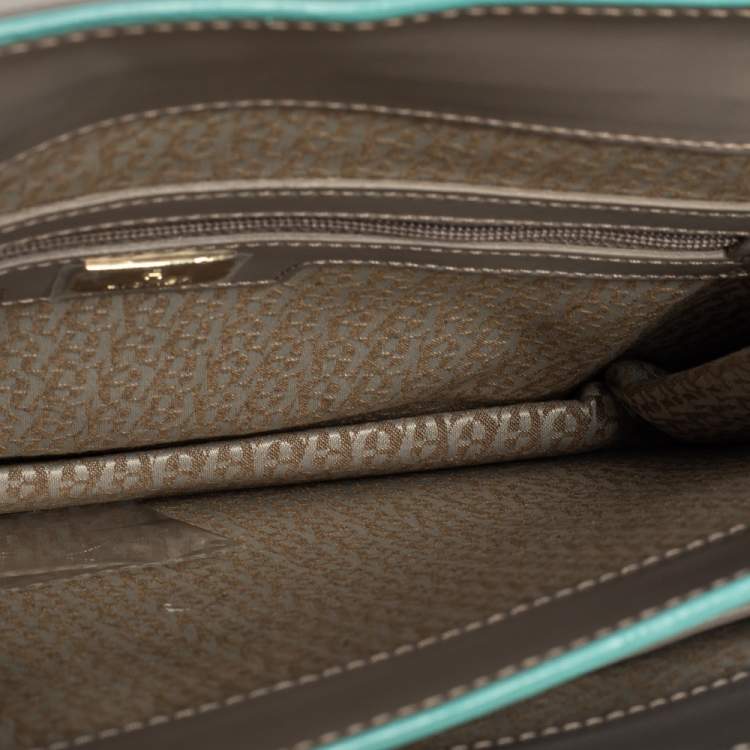 Pre Owned Aigner Grey/Turquoise Leather Flap Triple Compartment Shoulder Bag