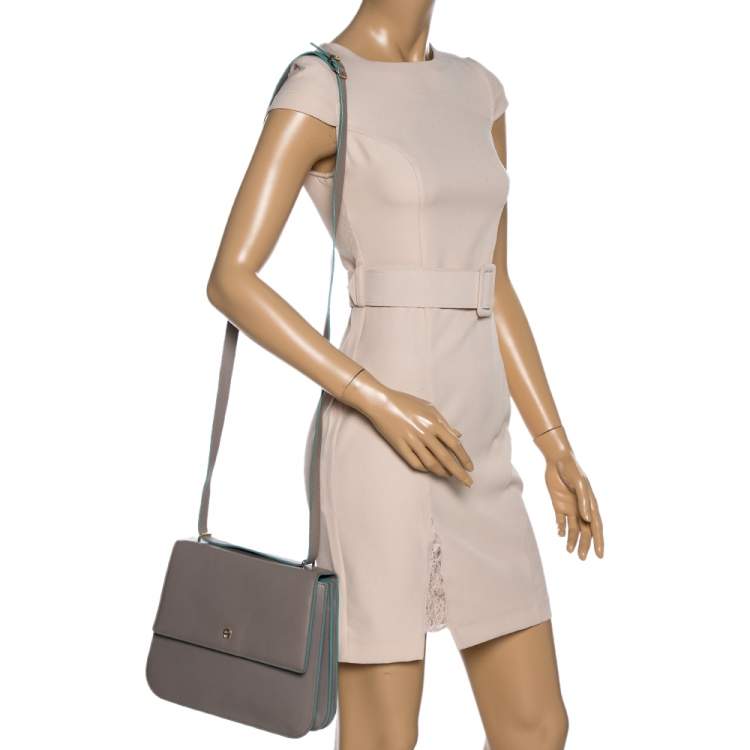 Pre Owned Aigner Grey/Turquoise Leather Flap Triple Compartment Shoulder Bag