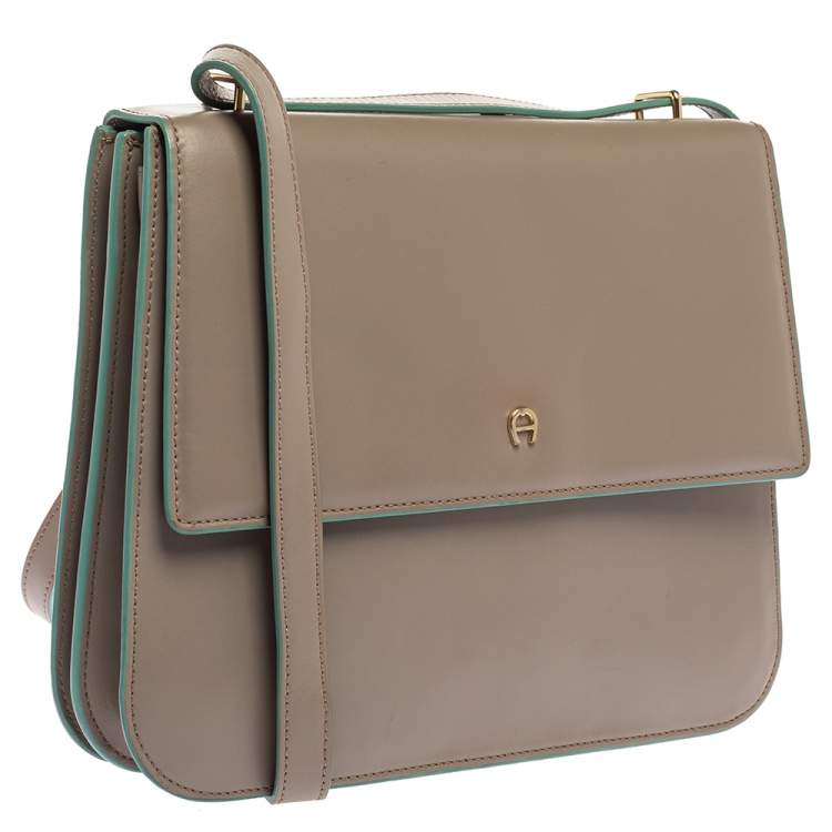 Pre Owned Aigner Grey/Turquoise Leather Flap Triple Compartment Shoulder Bag