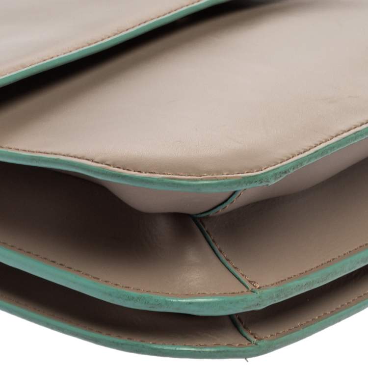 Pre Owned Aigner Grey/Turquoise Leather Flap Triple Compartment Shoulder Bag