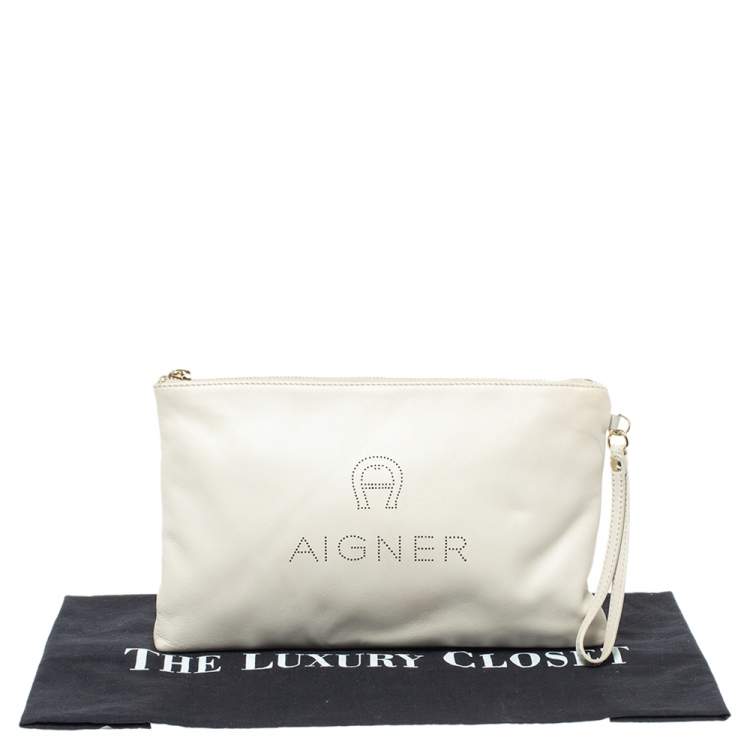 Pre Owned Aigner Cream Leather Wristlet Pouch