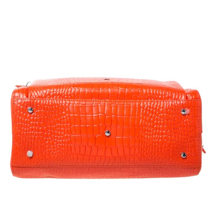 Pre Owned Aigner Orange Croc Embossed Leather Front Pocket Zip Shoulder Bag