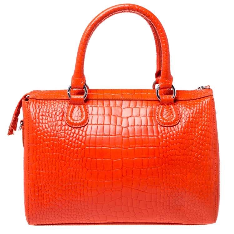 Pre Owned Aigner Orange Croc Embossed Leather Front Pocket Zip Shoulder Bag
