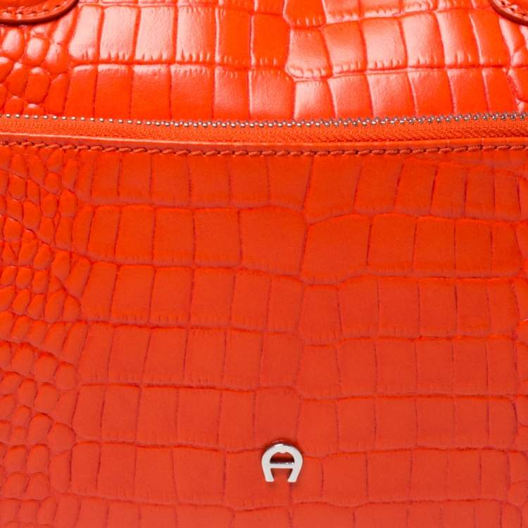 Pre Owned Aigner Orange Croc Embossed Leather Front Pocket Zip Shoulder Bag