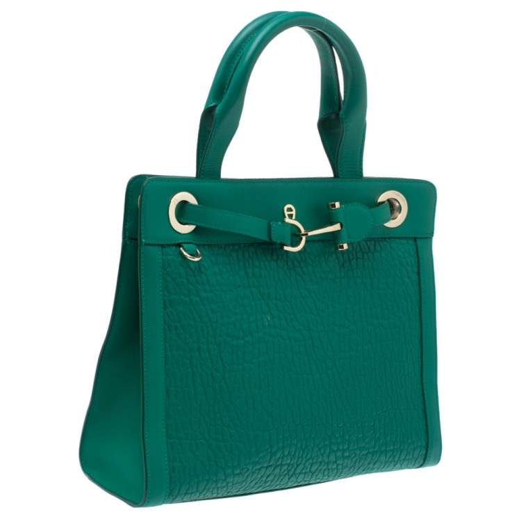 Pre Owned Aigner Green Leather Cavallina Top Handle Bag