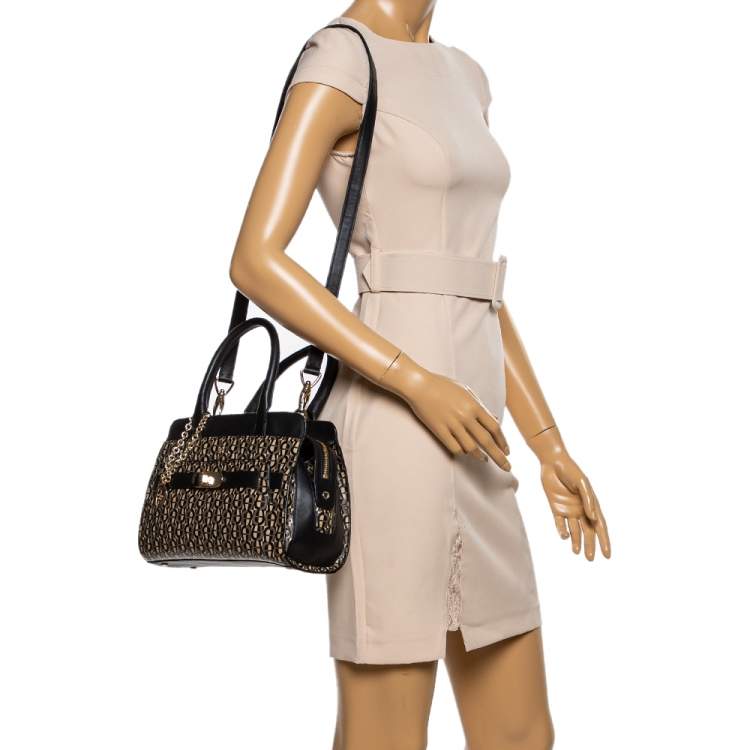 Pre Owned Aigner Black/White Coated Canvas and Leather Turn Lock Satchel