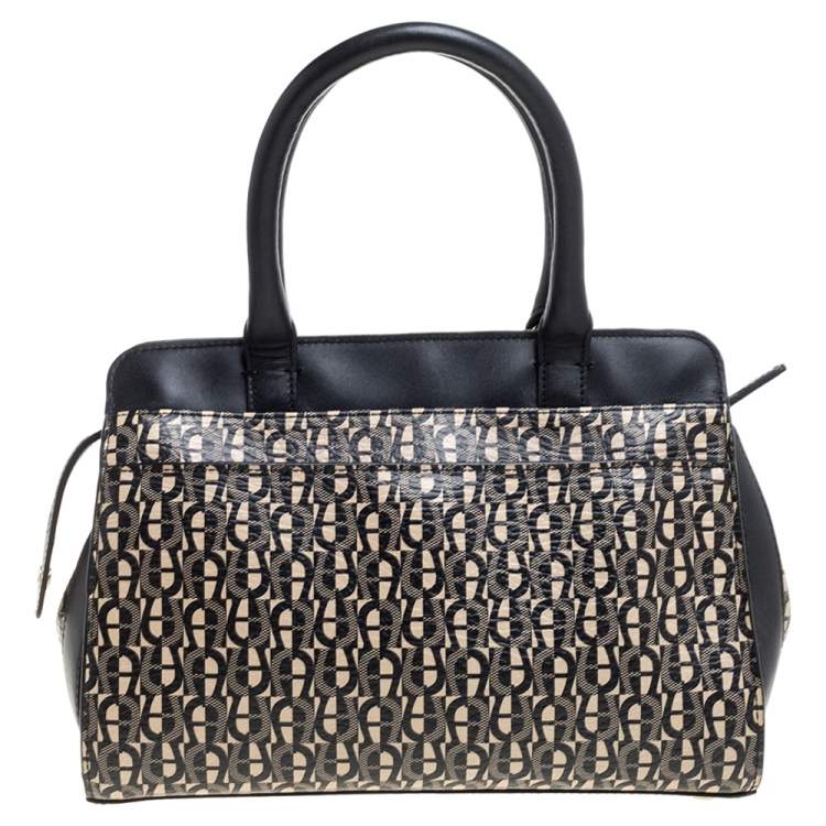 Pre Owned Aigner Black/White Coated Canvas and Leather Turn Lock Satchel