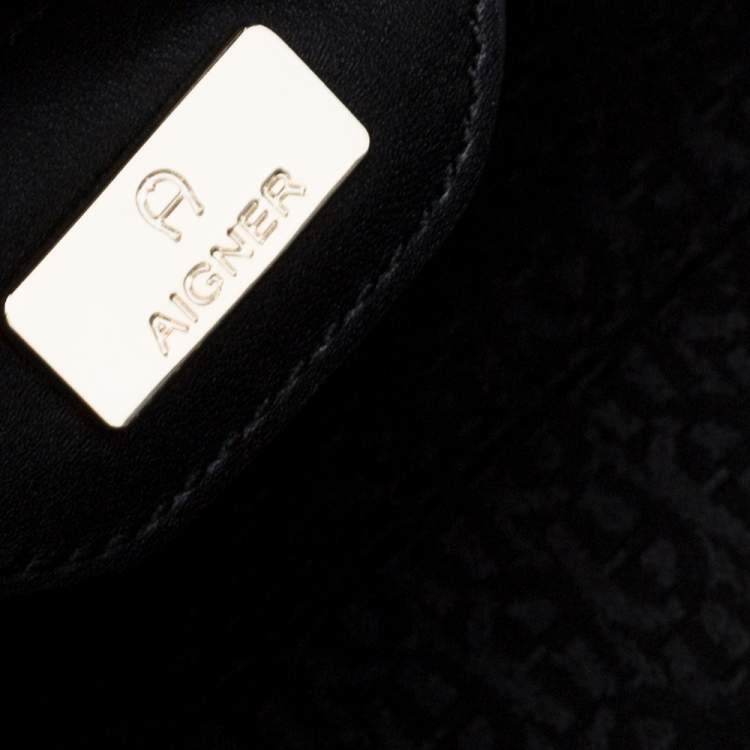 Pre Owned Aigner Black/White Coated Canvas and Leather Turn Lock Satchel