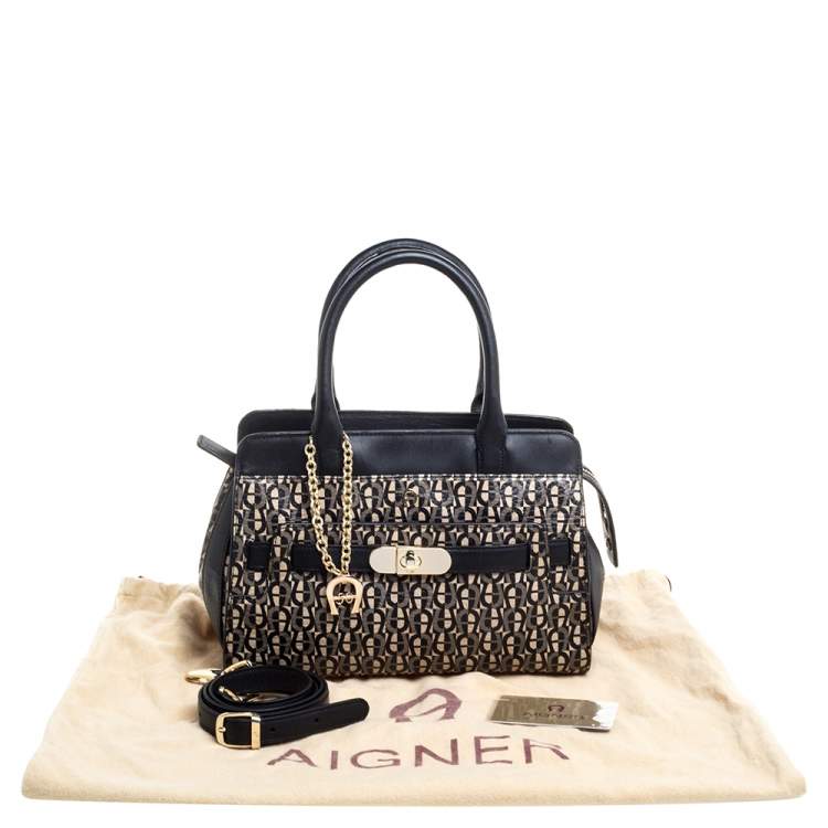 Pre Owned Aigner Black/White Coated Canvas and Leather Turn Lock Satchel