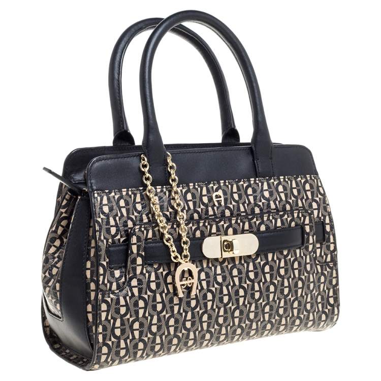 Pre Owned Aigner Black/White Coated Canvas and Leather Turn Lock Satchel