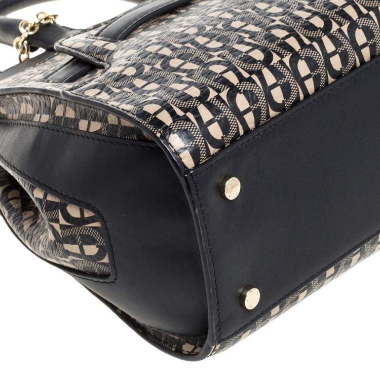 Pre Owned Aigner Black/White Coated Canvas and Leather Turn Lock Satchel