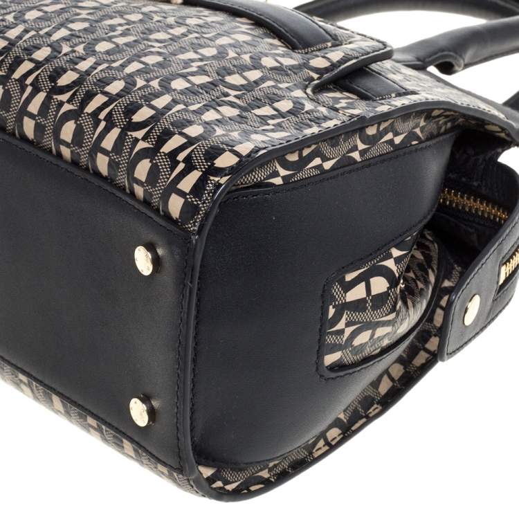 Pre Owned Aigner Black/White Coated Canvas and Leather Turn Lock Satchel