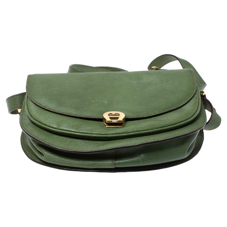 Pre Owned Aigner Green Leather Logo Flap Crossbody Bag 