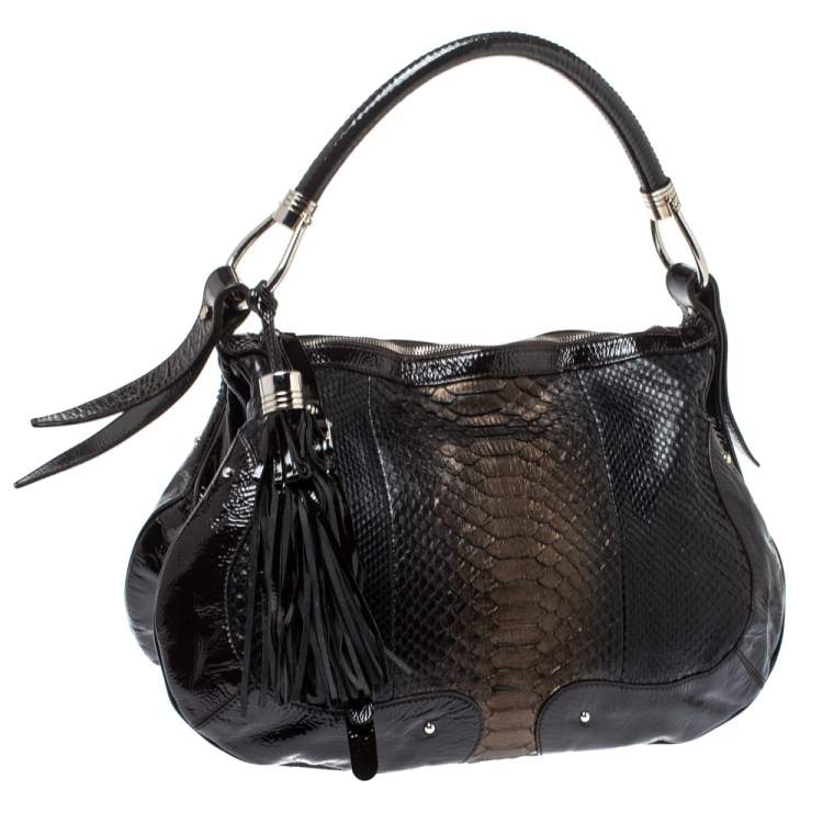 Pre Owned Aigner Dark Brown Python and Patent Leather Tassel Hobo