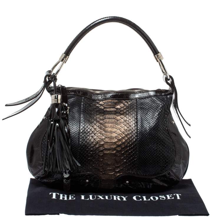 Pre Owned Aigner Dark Brown Python and Patent Leather Tassel Hobo