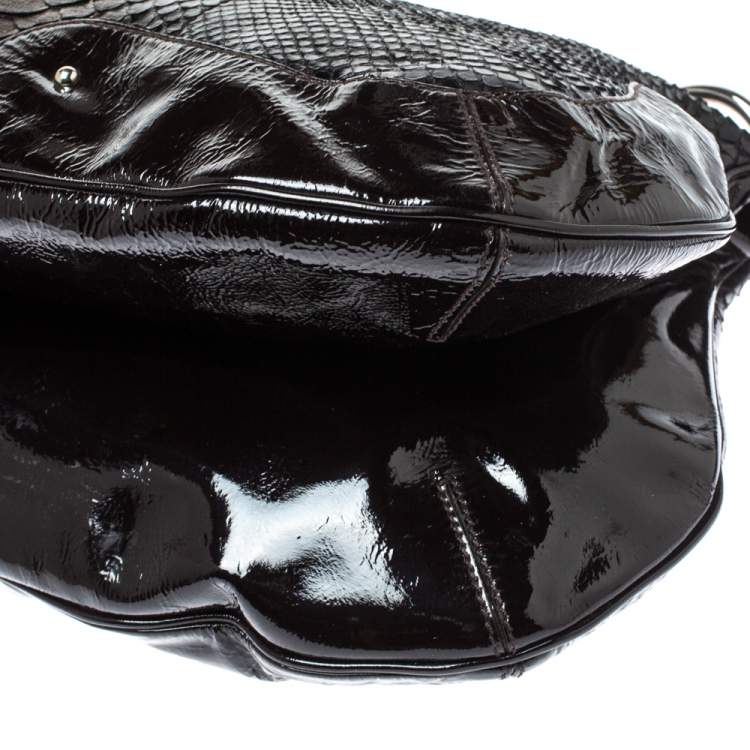 Pre Owned Aigner Dark Brown Python and Patent Leather Tassel Hobo