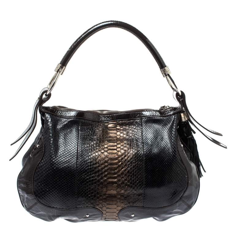 Pre Owned Aigner Dark Brown Python and Patent Leather Tassel Hobo