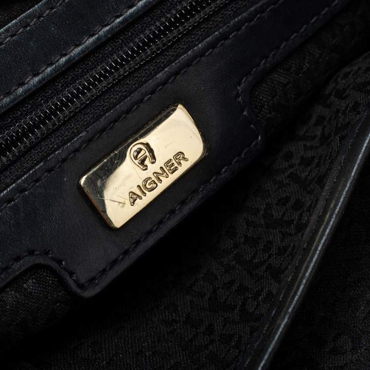 Pre Owned Aigner Dark Blue Signature Embossed Leather Cavallina Tote