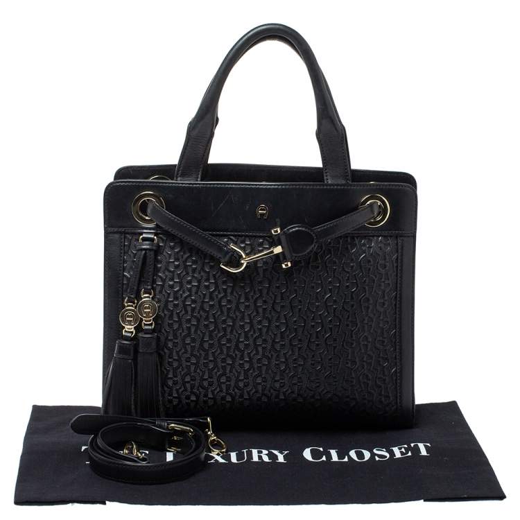 Pre Owned Aigner Dark Blue Signature Embossed Leather Cavallina Tote