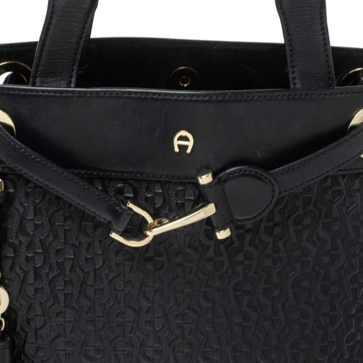 Pre Owned Aigner Dark Blue Signature Embossed Leather Cavallina Tote