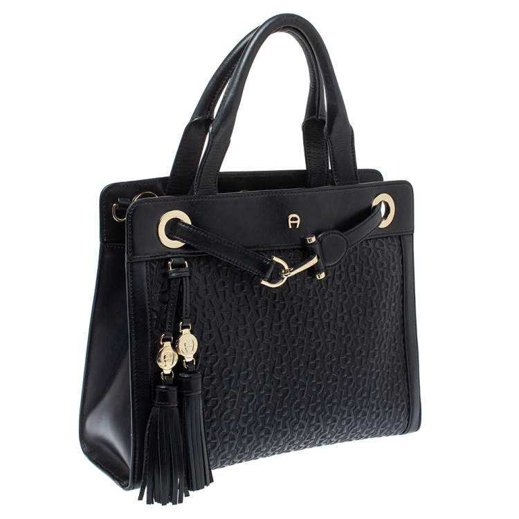 Pre Owned Aigner Dark Blue Signature Embossed Leather Cavallina Tote