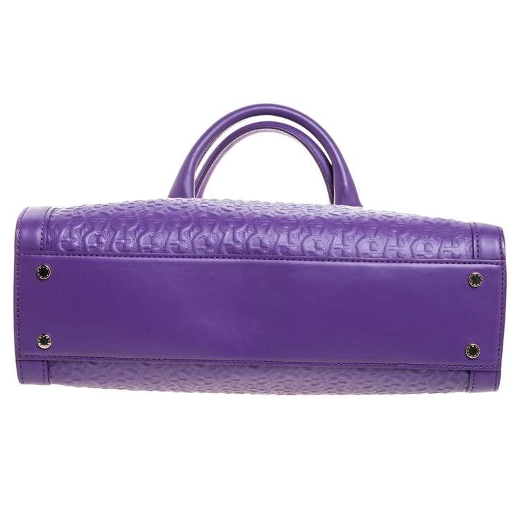 Pre Owned Aigner Purple Logo Embossed Leather Cavallina Tote