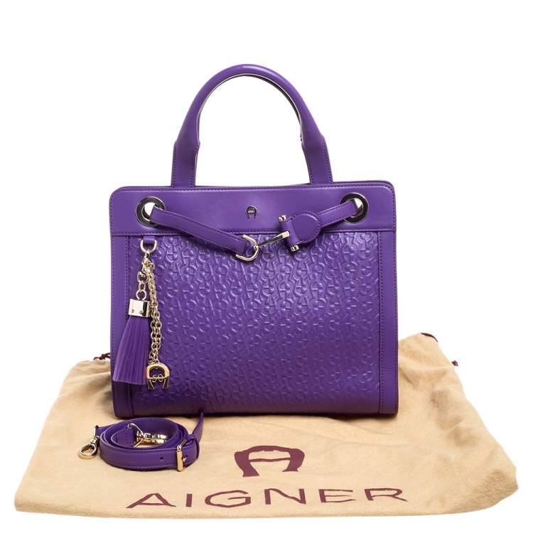 Pre Owned Aigner Purple Logo Embossed Leather Cavallina Tote