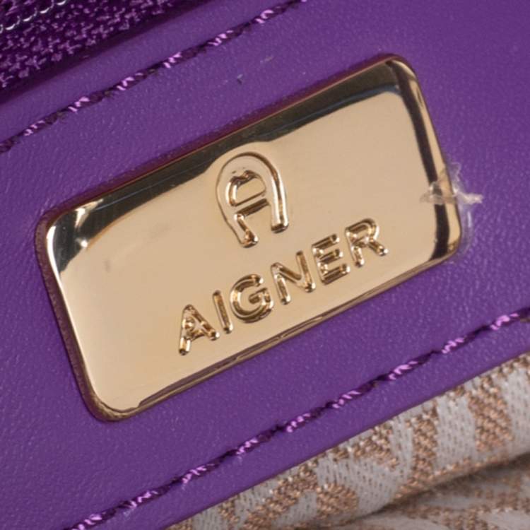 Pre Owned Aigner Purple Logo Embossed Leather Cavallina Tote