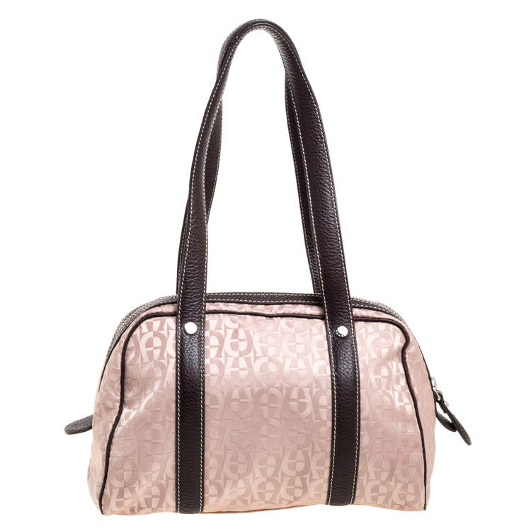 Pre Owned Aigner Brown Nylon and Leather Trim Signature Print Travel Collection Mini Satchel