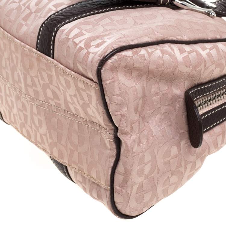 Pre Owned Aigner Brown Nylon and Leather Trim Signature Print Travel Collection Mini Satchel