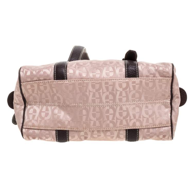 Pre Owned Aigner Brown Nylon and Leather Trim Signature Print Travel Collection Mini Satchel
