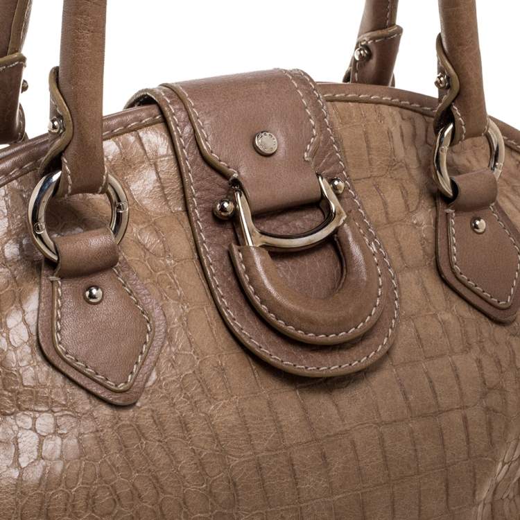 Pre Owned Aigner Brown Croc Embossed Leather Buckle Flap Dome Satchel