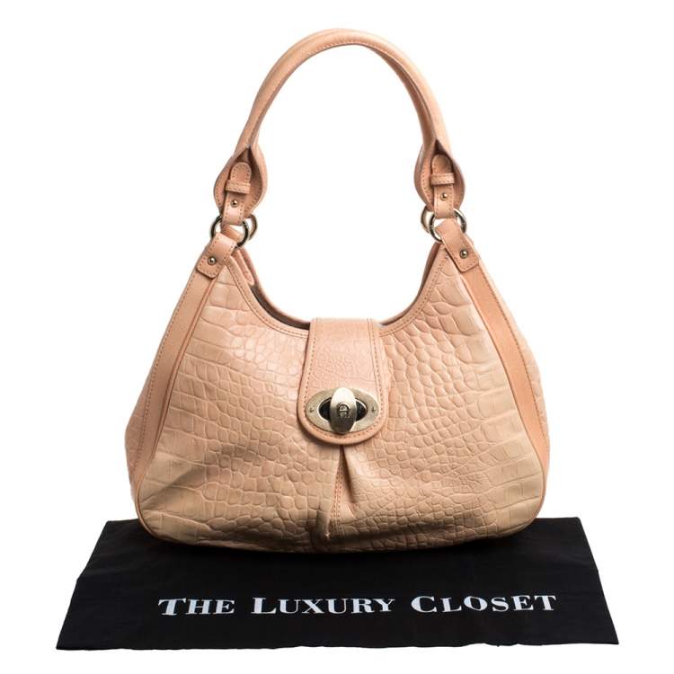 Pre Owned Aigner Peach Croc Embossed Leather Logo Turnlock Shoulder Bag
