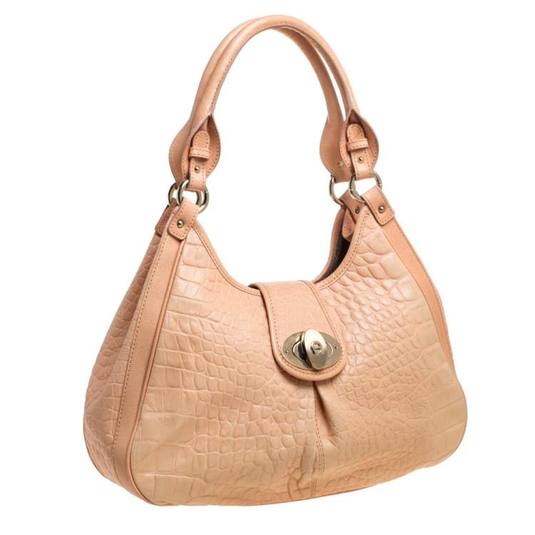 Pre Owned Aigner Peach Croc Embossed Leather Logo Turnlock Shoulder Bag