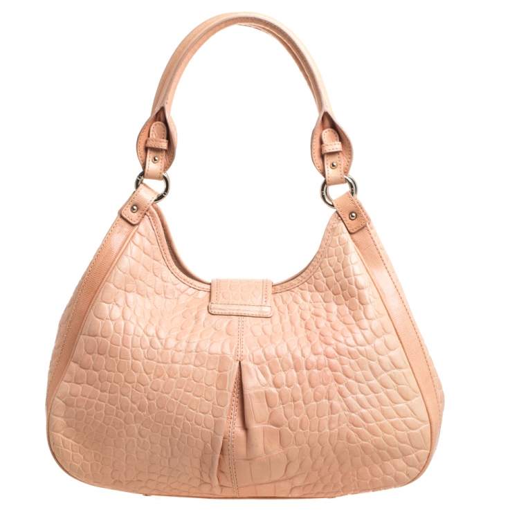 Pre Owned Aigner Peach Croc Embossed Leather Logo Turnlock Shoulder Bag
