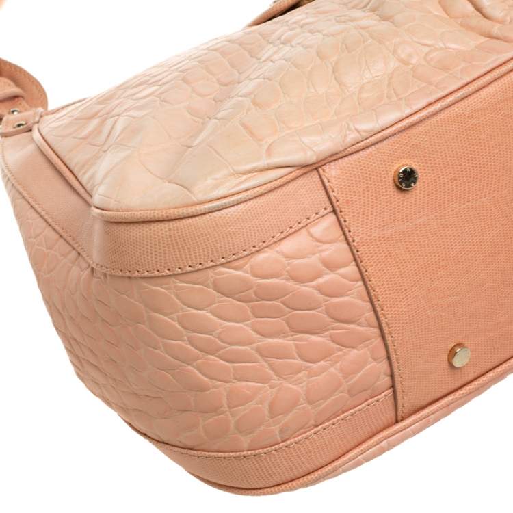 Pre Owned Aigner Peach Croc Embossed Leather Logo Turnlock Shoulder Bag