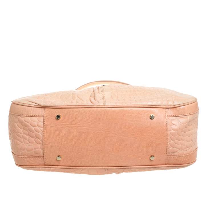 Pre Owned Aigner Peach Croc Embossed Leather Logo Turnlock Shoulder Bag