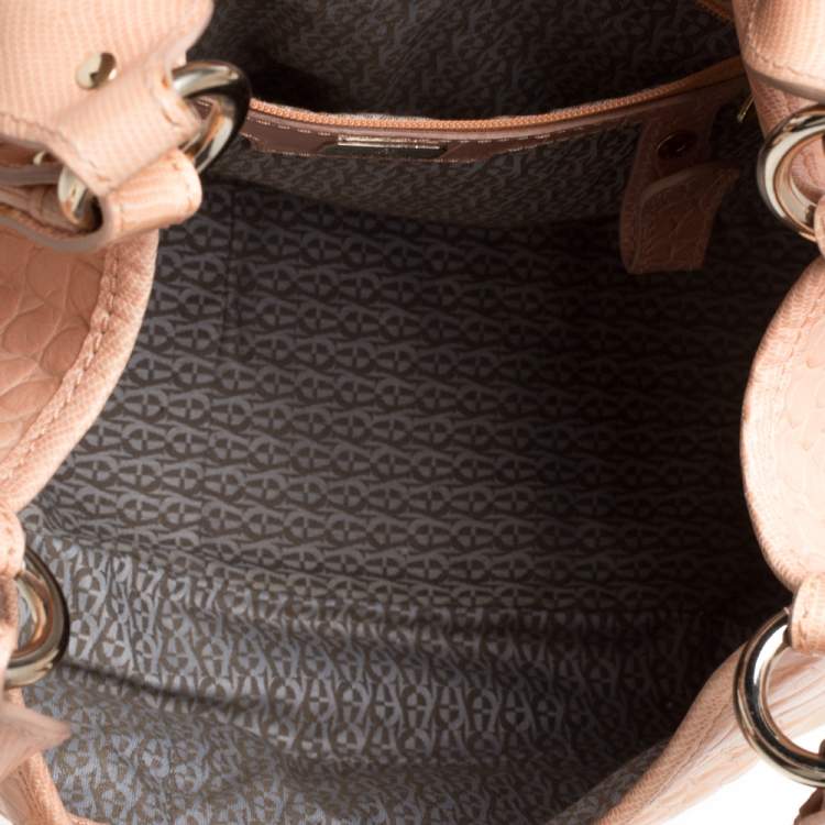 Pre Owned Aigner Peach Croc Embossed Leather Logo Turnlock Shoulder Bag