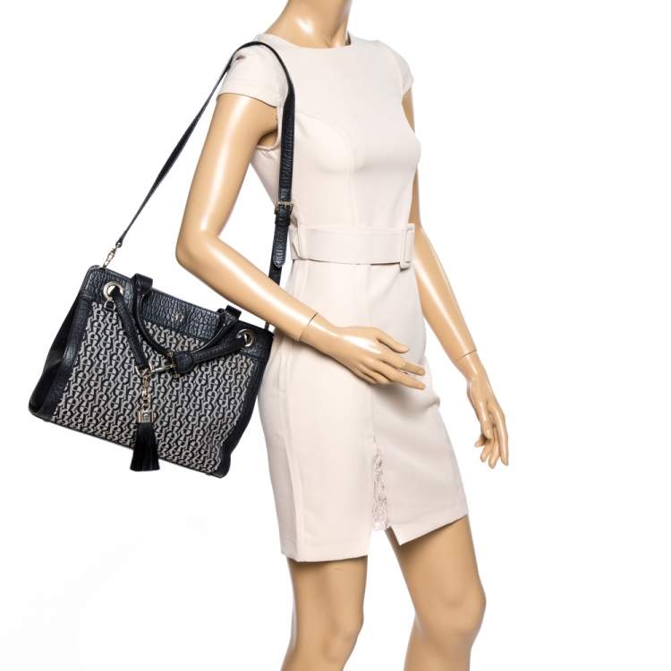 Pre Owned Aigner Black Signature Canvas and Croc Embossed Leather Cavallina Tote